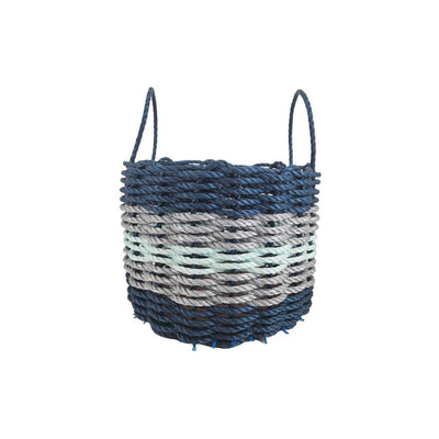 Five Stripe Rope Storage Basket in navy blue, light gray, and seafoam colors, shown in three sizes