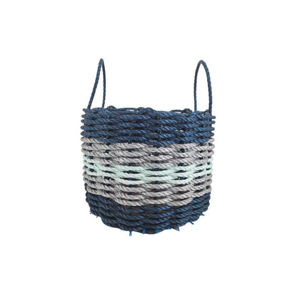 Five Stripe Rope Storage Basket in navy blue, light gray, and seafoam colors, shown in three sizes