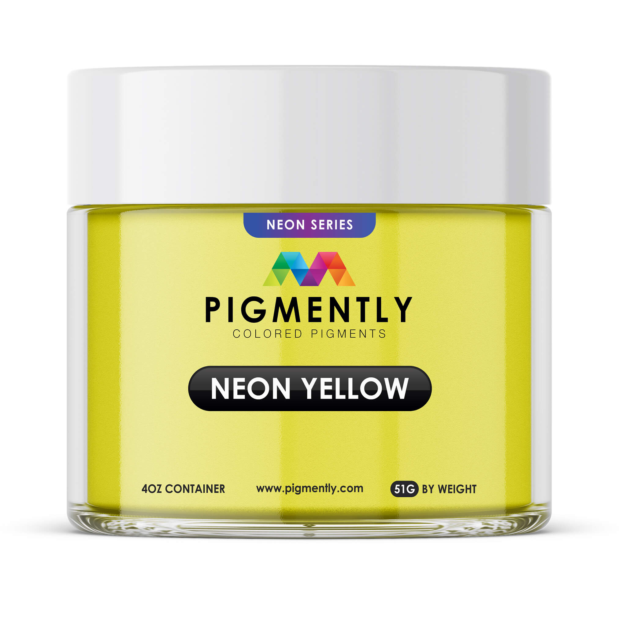 Jar of Pigmently neon yellow colored pigments on a white background