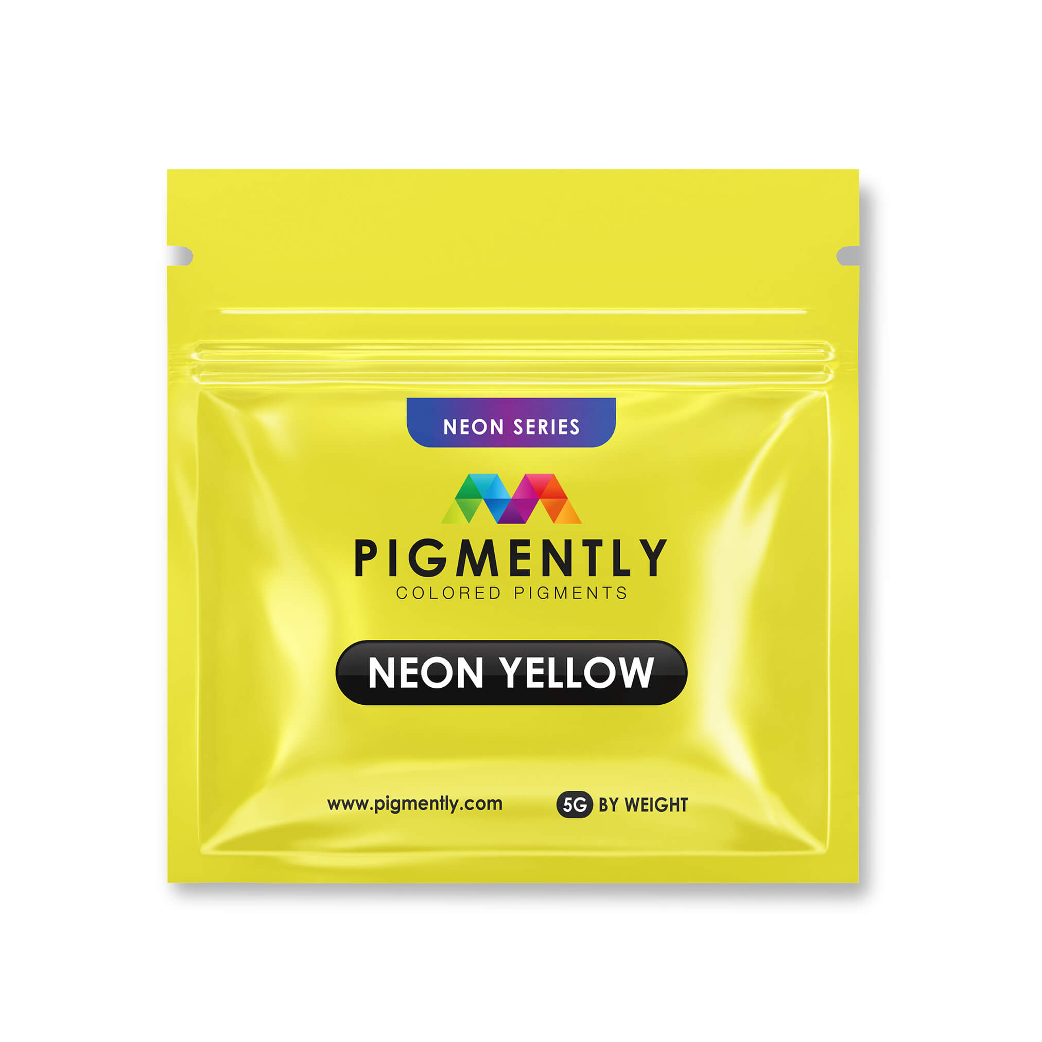 Neon yellow package of Pigmently colored pigments on a white background