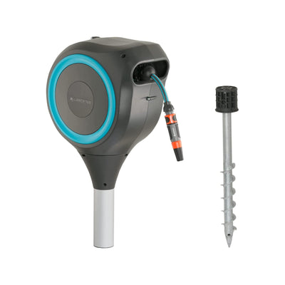 Garden Hose Box RollUp S by Gardena shown mounted with hose rolled inside