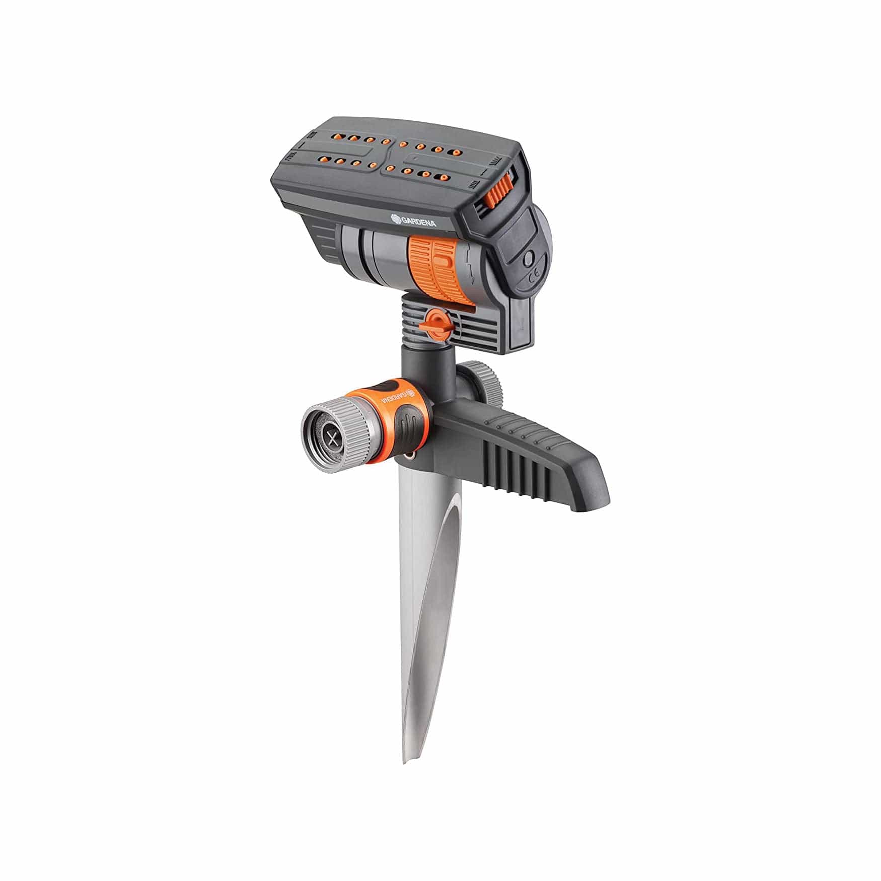 ZoomMaxx Oscillating Sprinkler on a metal spike standing in a green garden setting