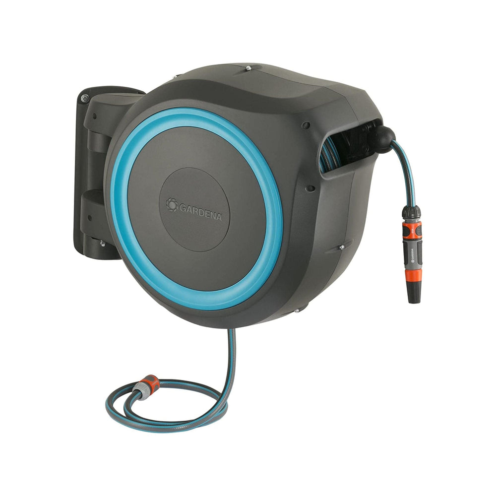 Gardena 115 ft. Wall Mount Hose Reel displayed mounted on an exterior wall