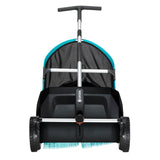 Black and teal garden leaf and lawn collector with a T-shaped handle, large wheels, and mesh collection bag viewed from the front.