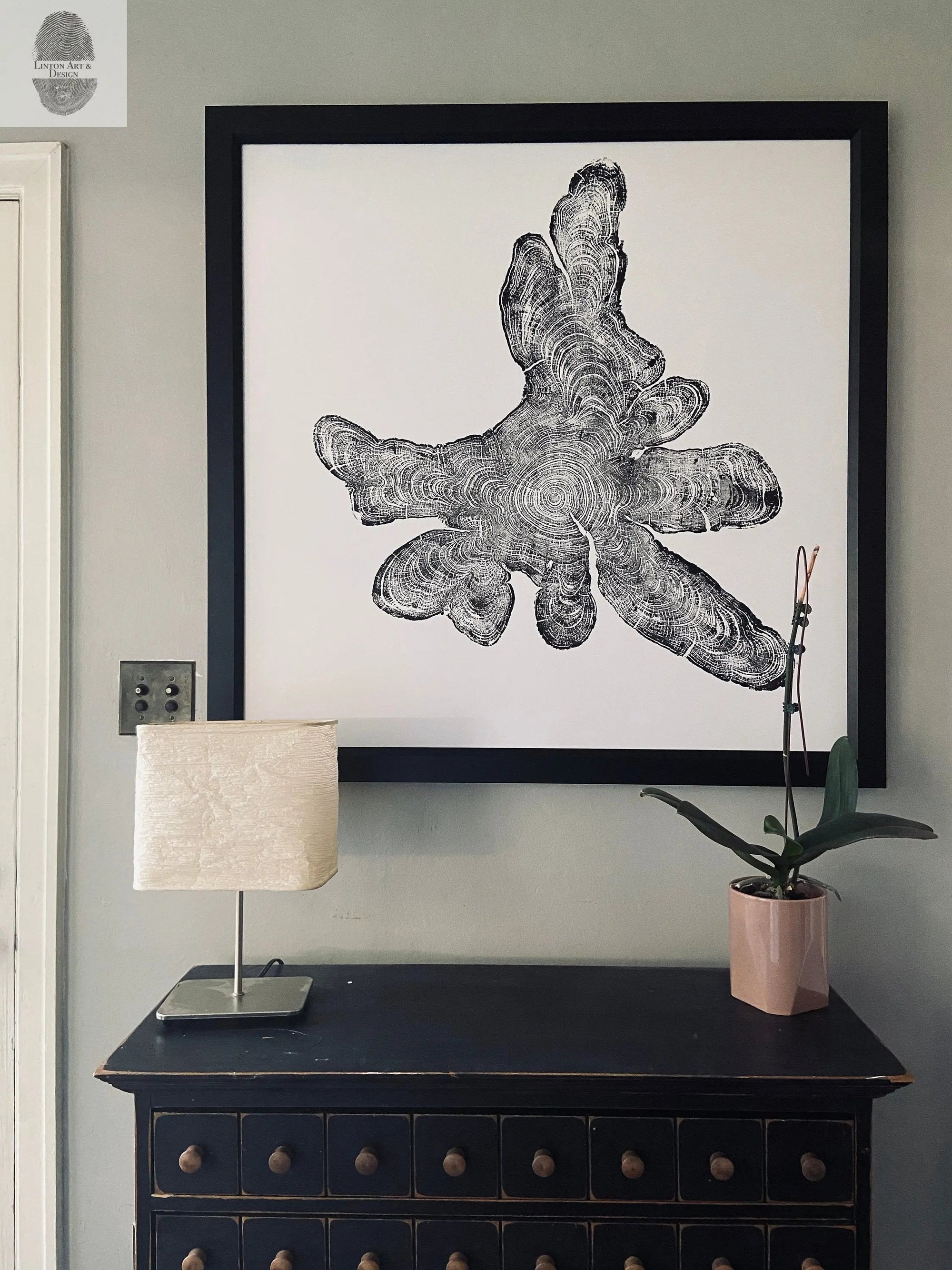 Woodcut print of Adirondack Mountains Cypress tree rings on natural wood slices, 36x36 inches