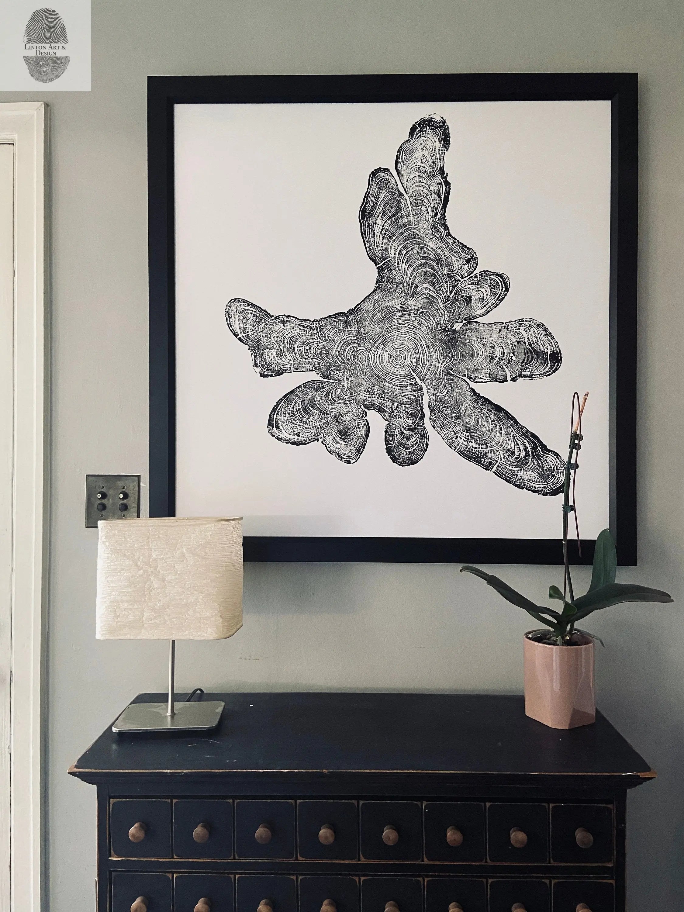 Woodcut print of Adirondack Mountains Cypress tree rings on natural wood slices, 36x36 inches