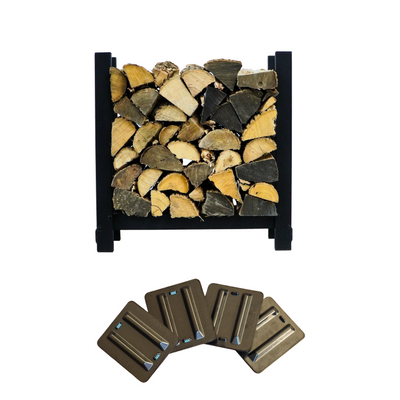 Woodhaven 2 ft Steel Firewood Rack in black with optional cover and support bases