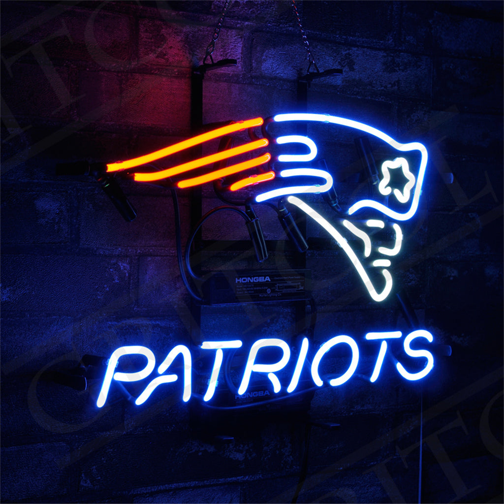 Neon sign displaying the New England Patriots logo with a red, white, and blue stylized patriot head above blue 'PATRIOTS' text on a dark wall.