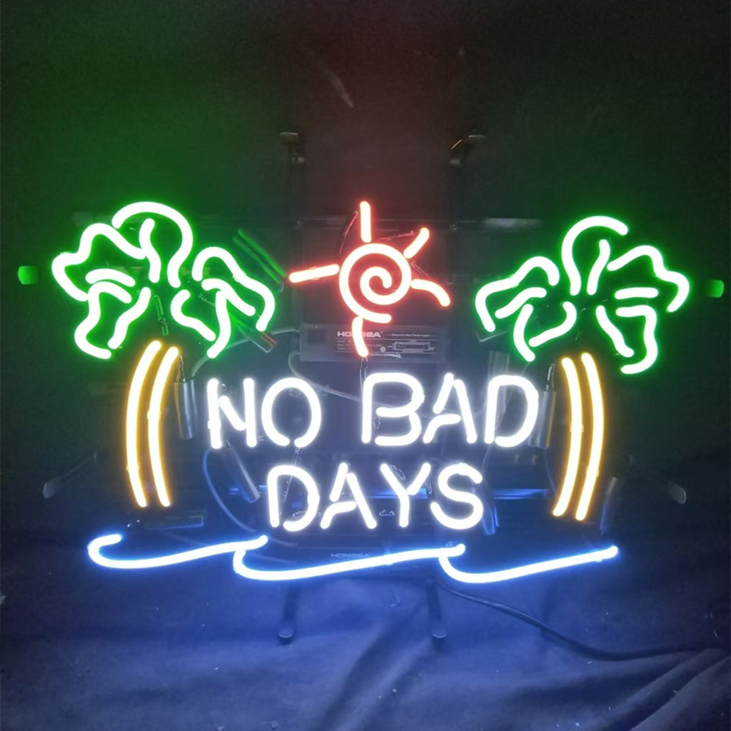 No Bad Days Sun Beach Palm Tree Neon Signs lit, hanging indoors