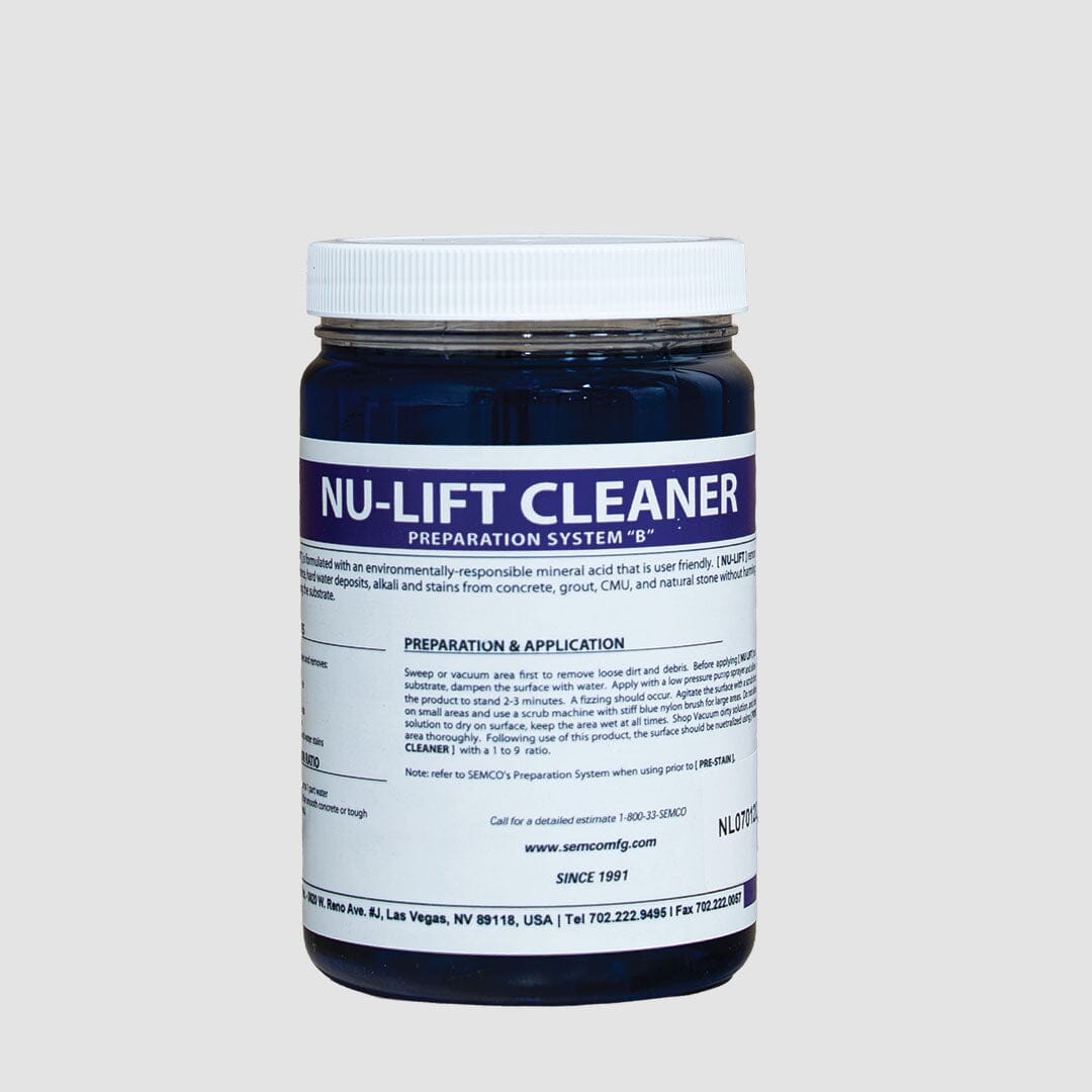 Bottles of Nu-Lift Cleaner in various sizes on display