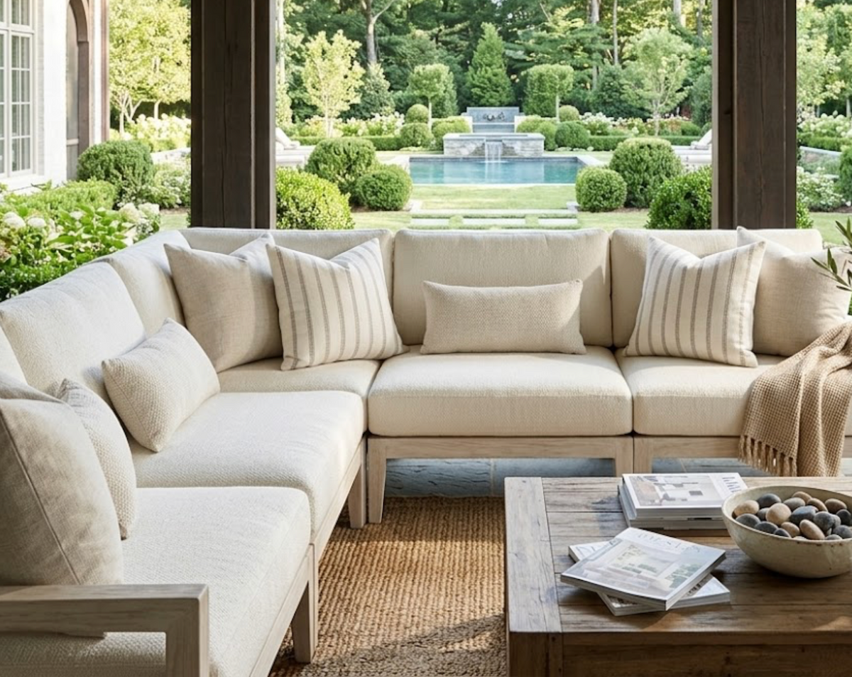 Cream upholstered sectional sofa with striped and solid throw pillows arranged in a covered patio area overlooking a green garden and pool view