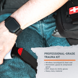 Person holding a black safety knife with a red tip, sitting on teal pants, next to a black bag with a white cross patch labeled as a professional-grade trauma kit.