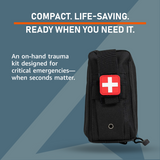 Black compact trauma kit pouch with red square medical cross patch on front, set against blue background with white and orange text about life-saving readiness.