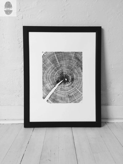 Oak Tree Ring Print by lintonart showing detailed wood grain and radial lines on 18x24 paper