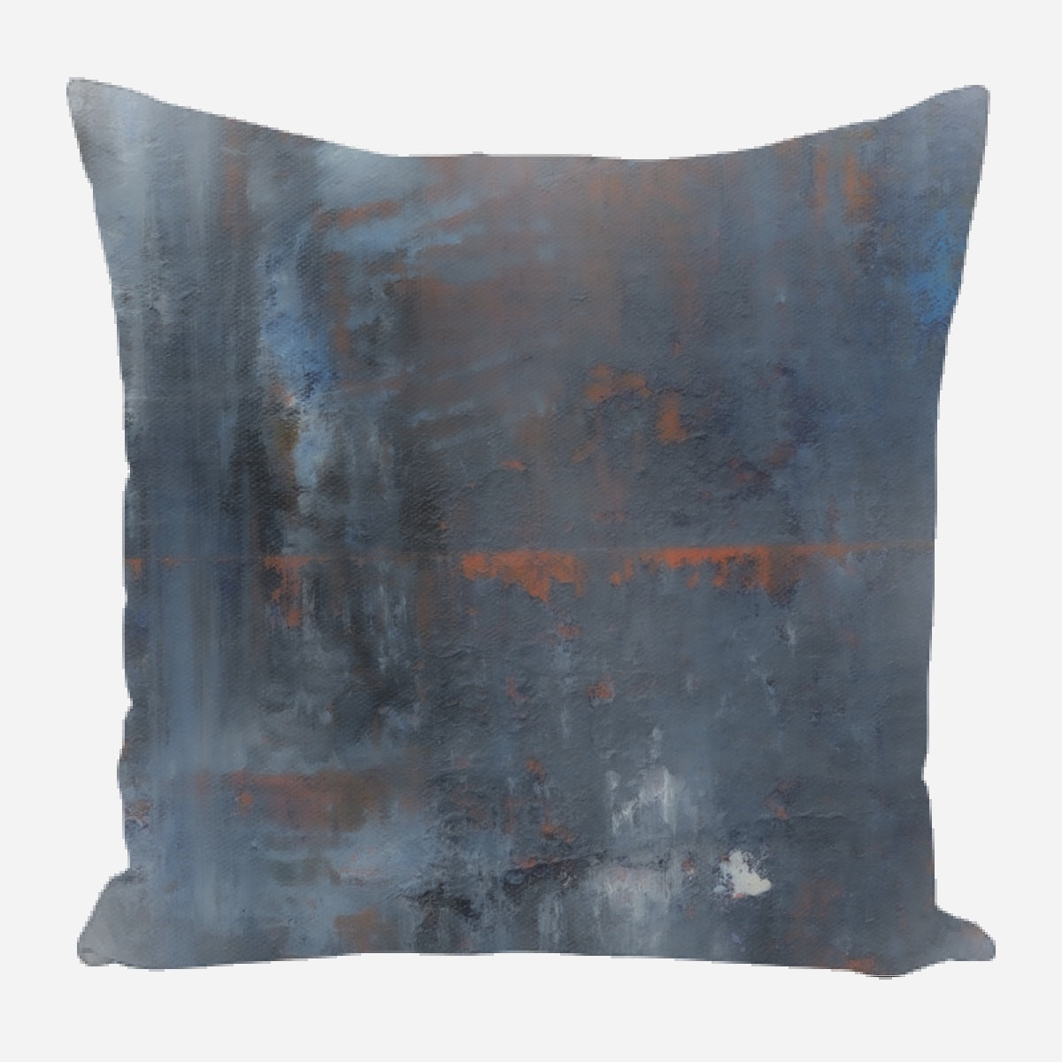 Square pillow with abstract design in dark blue and rusty orange tones, featuring textured, weathered patterns