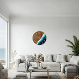 Ocean Resin Wall Clock 12 inch with blue epoxy waves and wood, beach style