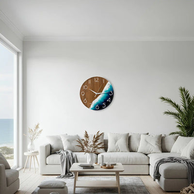 Ocean Resin Wall Clock 12 inch with blue epoxy waves and wood, beach style