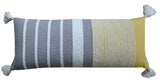 Rectangular throw pillow featuring horizontal stripes in grey, white, and mustard yellow, with white tassels on each corner.