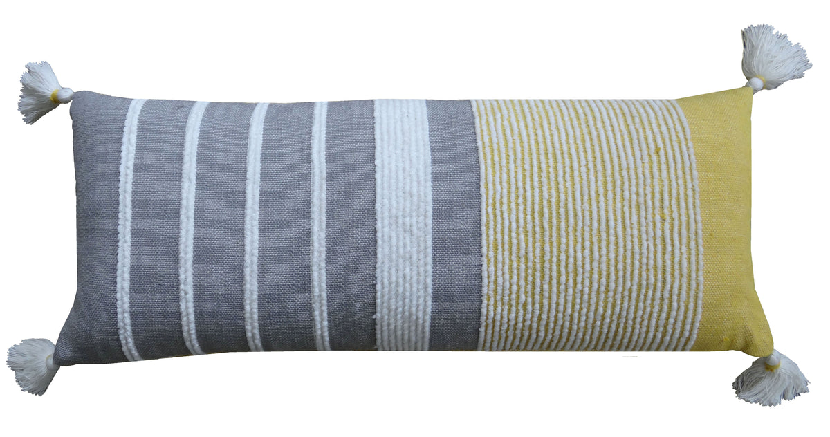Rectangular throw pillow featuring horizontal stripes in grey, white, and mustard yellow, with white tassels on each corner.