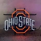 Ohio State Neon Light Sign mounted on a wall showing bright red and white neon lighting shaped into Ohio State logo.
