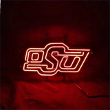 Red neon sign displaying the interlocked letters 'OSU' against a dark background with a visible power cord.
