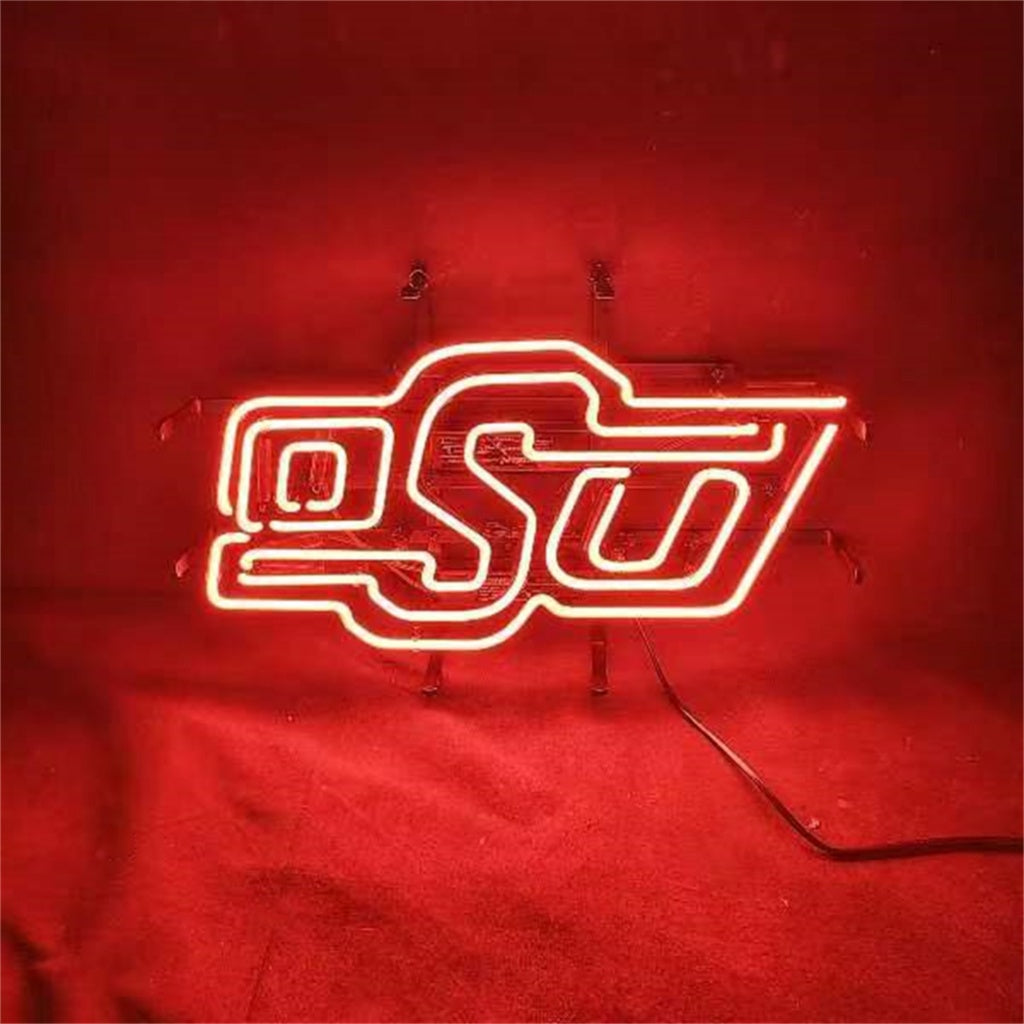 Oklahoma State University logo neon sign illuminated on a metal grid backing