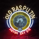 Old Rasputin Never Say Die Neon Light Sign illuminated with pink neon lettering hung on wall