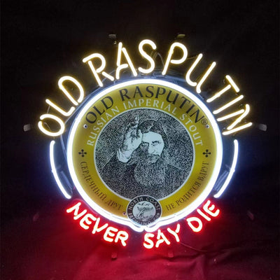 Old Rasputin Never Say Die Neon Light Sign illuminated with pink neon lettering hung on wall