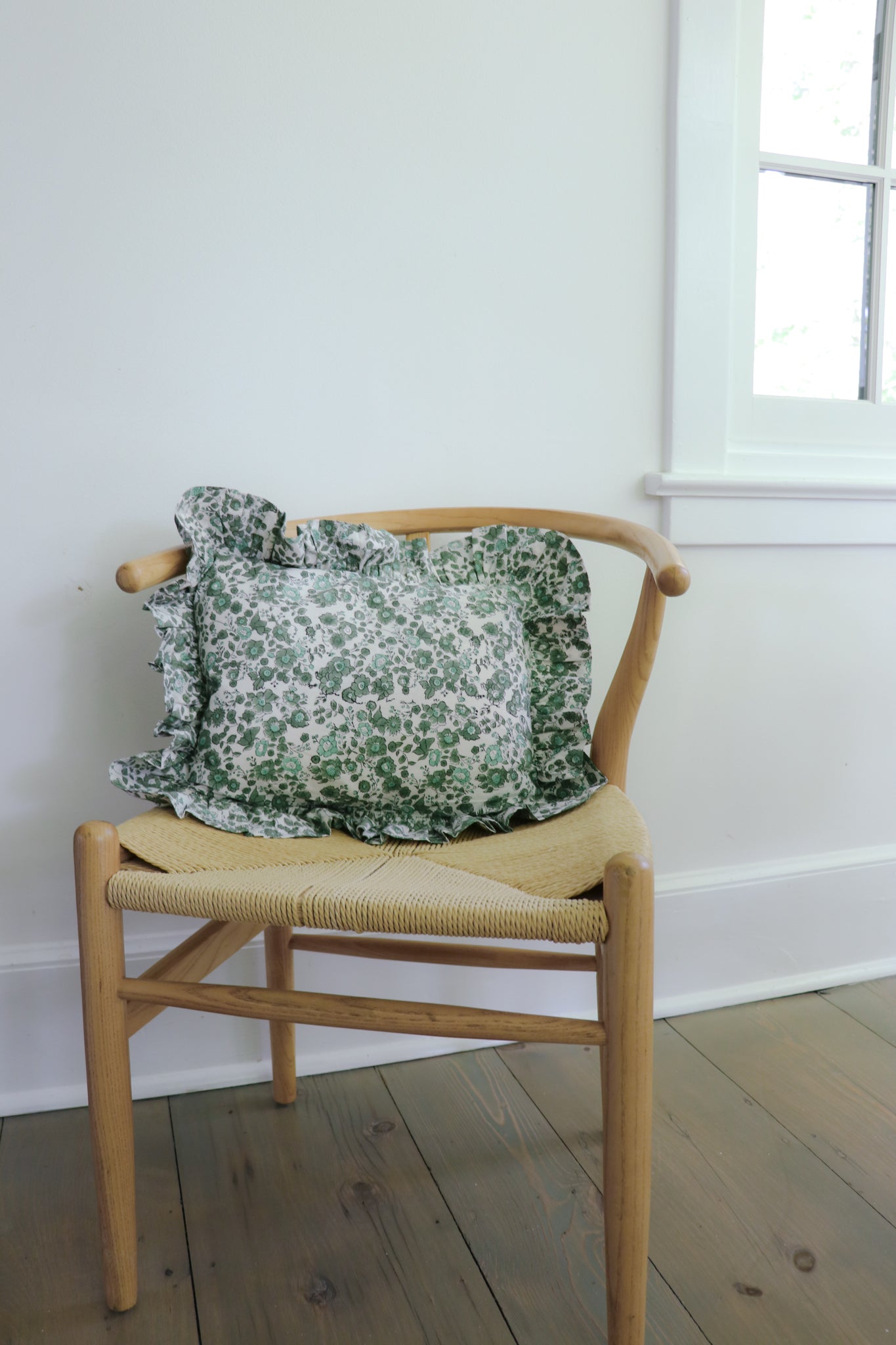 Olive Floral Throw Pillow cover with ruffled edges showing block-printed floral pattern in olive jade tones