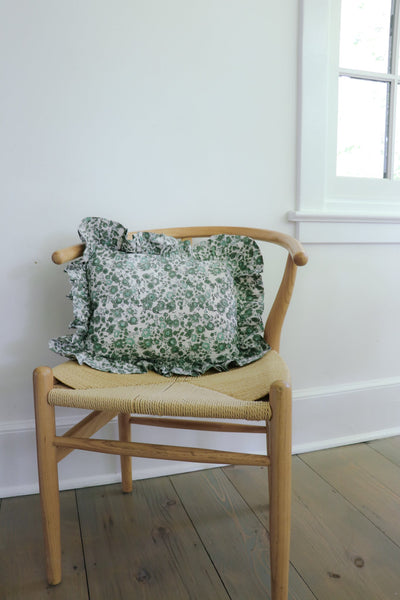 Olive Floral Throw Pillow cover with ruffled edges showing block-printed floral pattern in olive jade tones