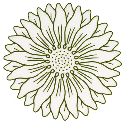 Set of four white linen Olive Bloom placemats with green floral embroidery arranged on a wooden table