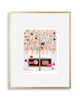 Framed print of a stylized tree with multicolored flowers and fruit, featuring birds and abstract shapes in pink, red, green, and black on a white background.