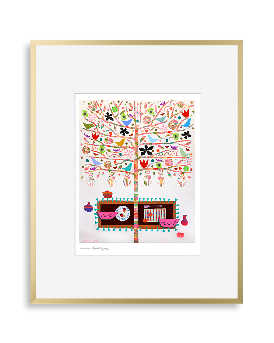 Framed print of a stylized tree with multicolored flowers and fruit, featuring birds and abstract shapes in pink, red, green, and black on a white background.