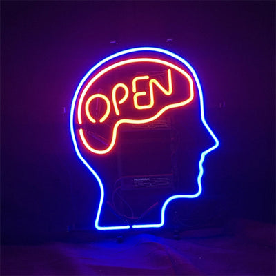 Open Mind Neon Light Sign glowing indoors mounted on metal grid with hanging chain