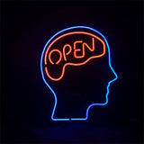 Neon light sign showing a blue outline of a human head in profile with the word 'OPEN' in orange inside shaped like the brain area.