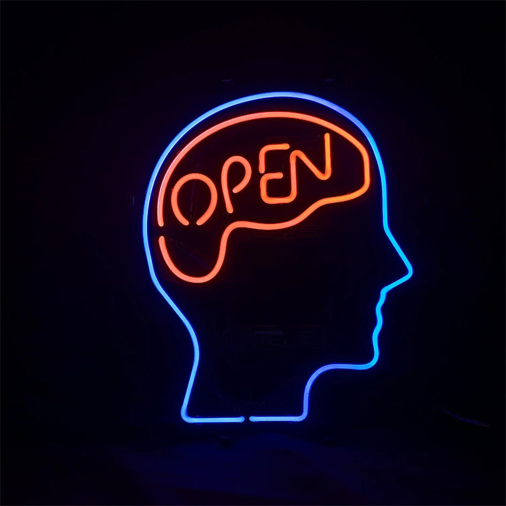 Neon light sign showing a blue outline of a human head in profile with the word 'OPEN' in orange inside shaped like the brain area.