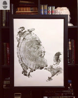 Black ink tree ring print with detailed growth rings and irregular edges in black frame on bookshelf among books and sculpture bust.