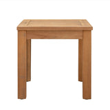 Square wooden side table with a slatted top and thick, straight legs in a natural light brown finish, shown from the front against a white background.