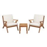 Two wooden armchairs with beige cushions and angular armrests paired with a small matching wooden side table, all shown against a white background.