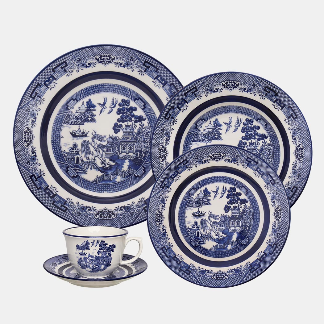 Oxford Flamingo, Blue Willow Porcelain 20 Piece Dinnerware Set, Service for 4 by DEKOR - Resin Society