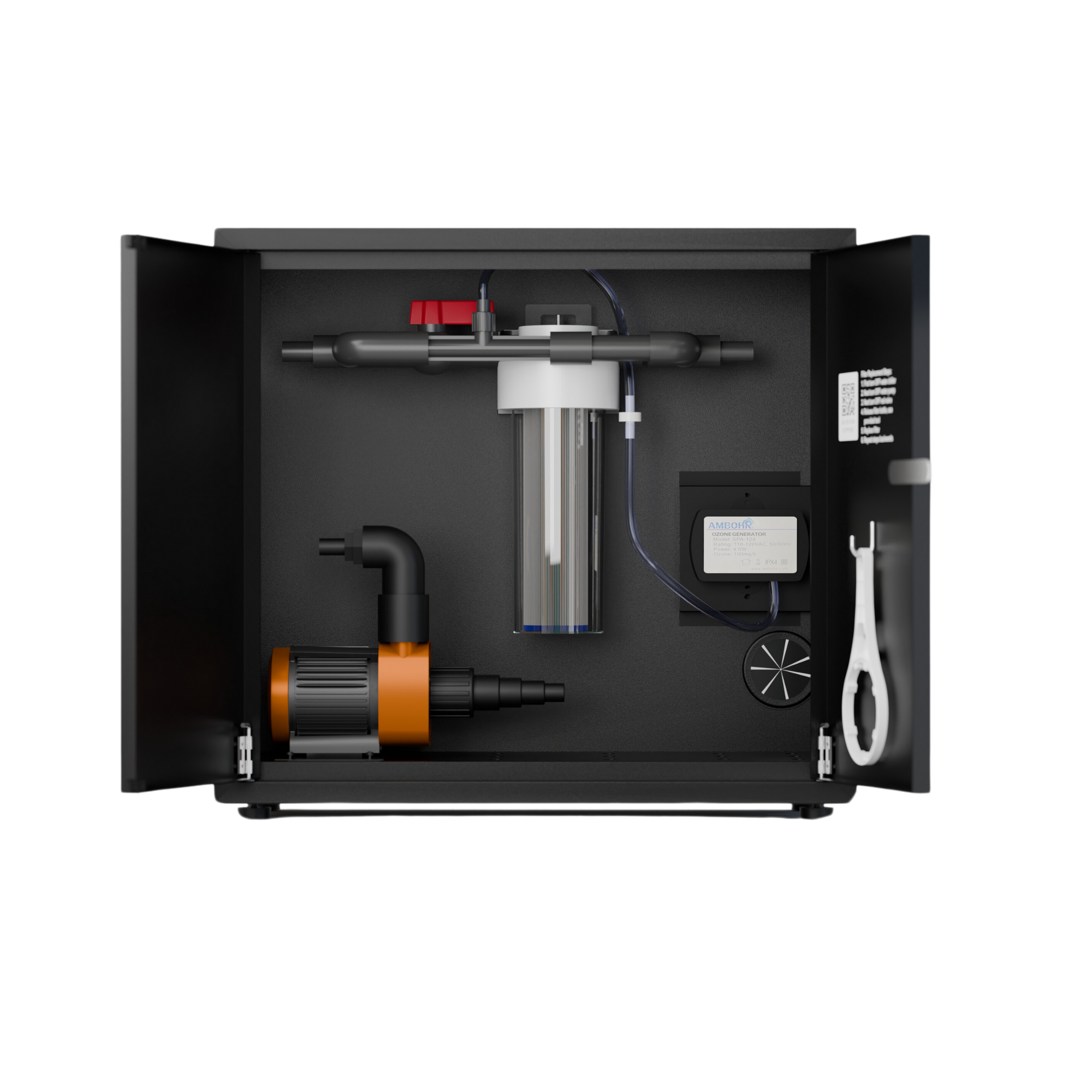 RevX Ozone Water Filtration System with cabinet door open showing the internal components