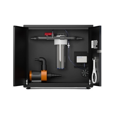 RevX Ozone Water Filtration System with cabinet door open showing the internal components