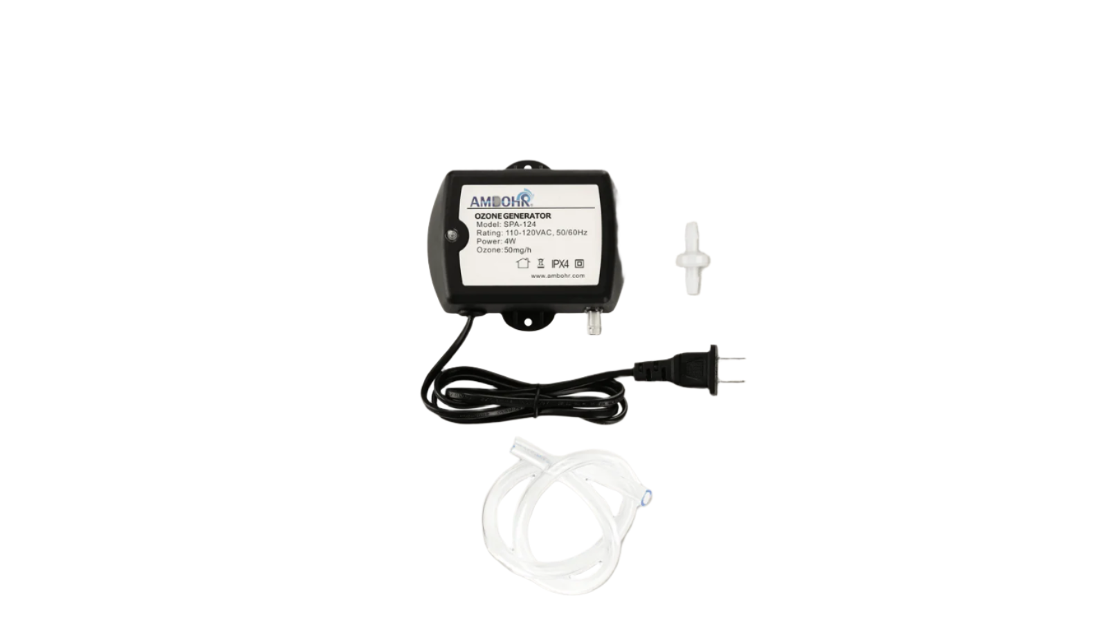 Ambohr Spa-124 Ozone Generator with attached tubes displayed on white background