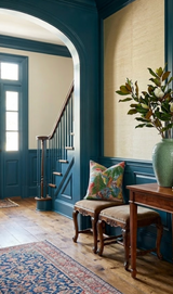 Entryway with teal wood paneling and trim, wooden staircase with dark bannister, two wooden stools with floral coral and green pagoda-patterned pillow, and large green vase with branches on wooden console table.