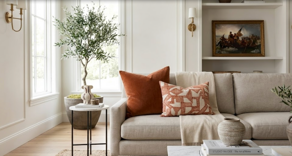 Neutral-tone living room with beige sofa featuring an orange square pillow and a geometric patterned orange rectangular pillow, complemented by light walls and natural light from tall windows.