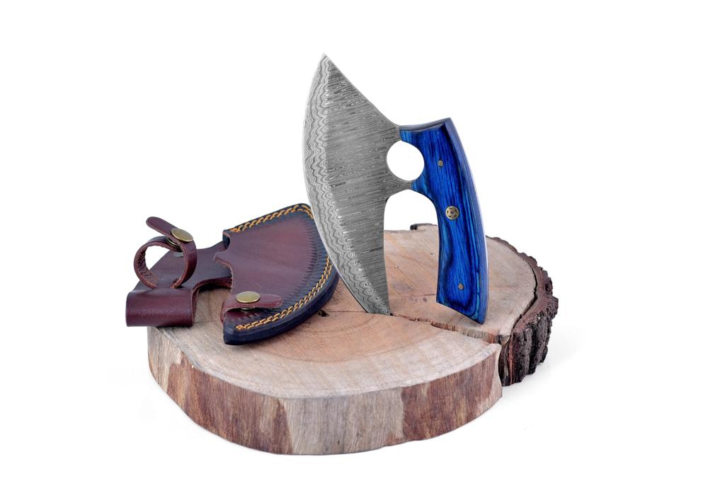 Custom Alaskan Ulu style blade with blue and black diamond wood handle resting on a white cloth