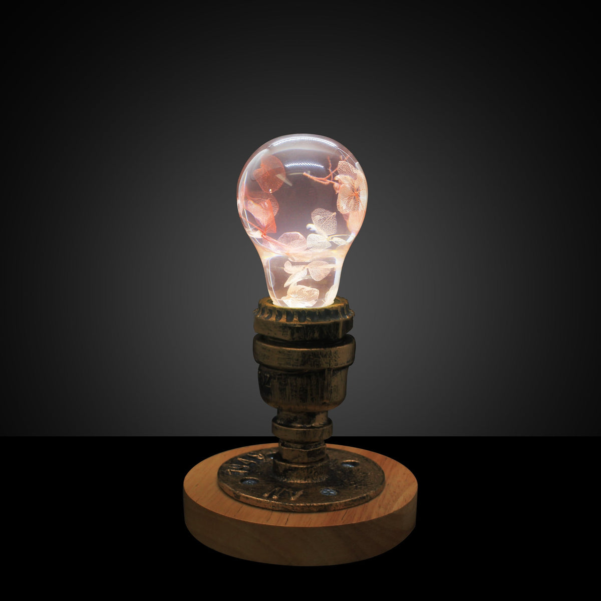 EP Light Pink Hydrangea handcrafted resin LED bulb in a lamp