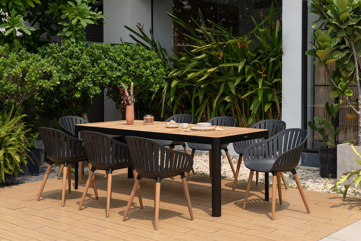 Portals Dark Rectangular Teak Table and 8 Nassau Black Dining Set by LifestyleGarden US - main product image for Resin Society
