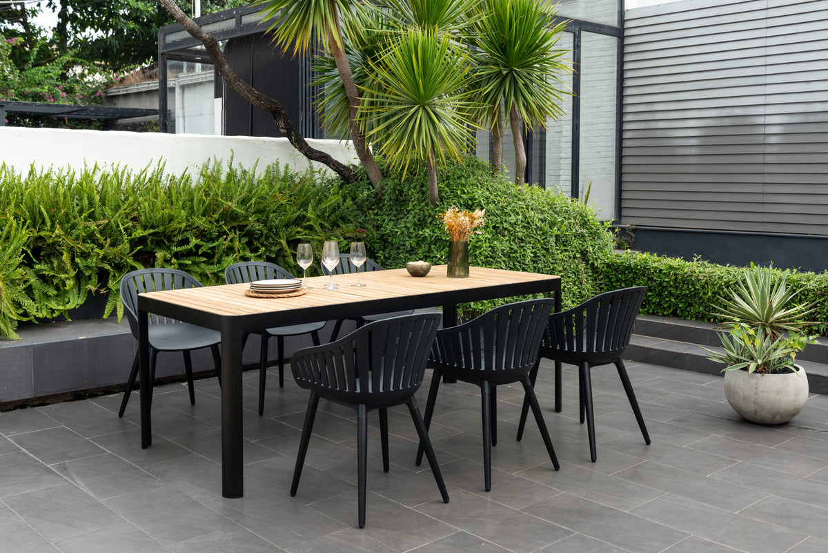 Portals Dark Rectangular Teak Table and 6 Nassau Black Aluminum Dining by LifestyleGarden US - main product image for Resin Society
