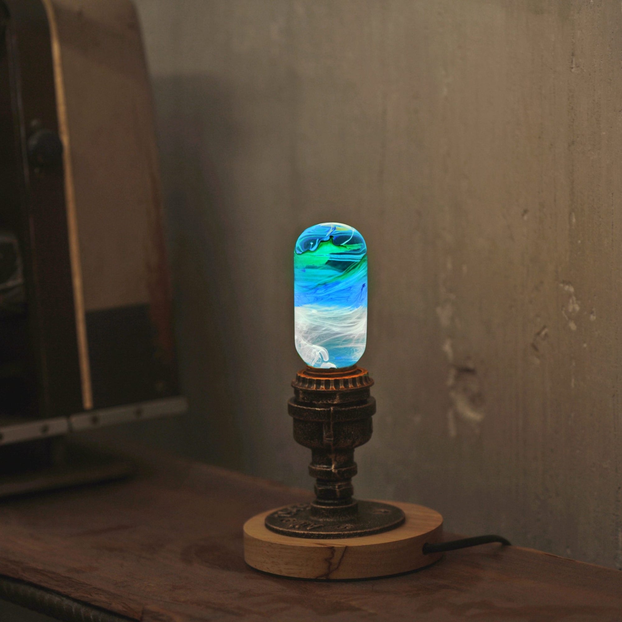 Vintage retro wooden lamp base compatible with EP light bulbs, shown in natural wood finish